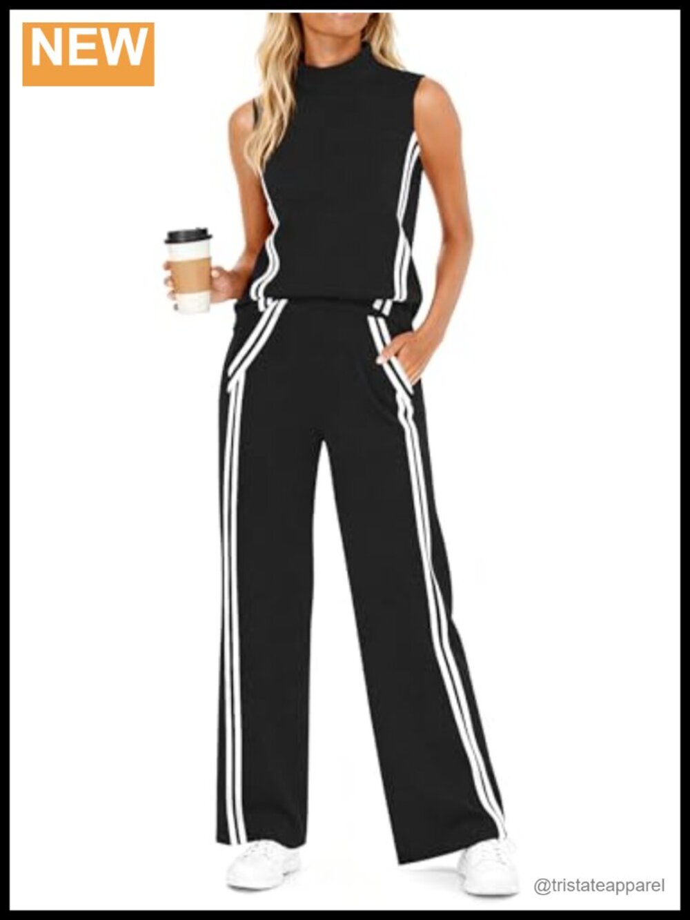 Womens 2 Piece Lounge Set Mock Neck Tank Top Wide Leg Pants Travel Outfit
